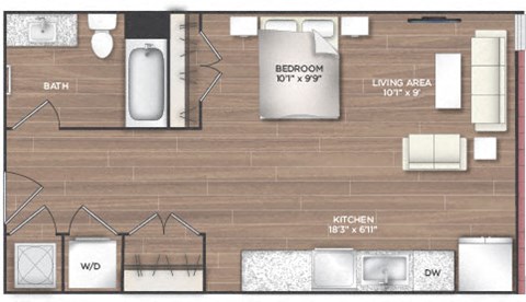 Floor plan for studio, 1 bath, 585 sqft